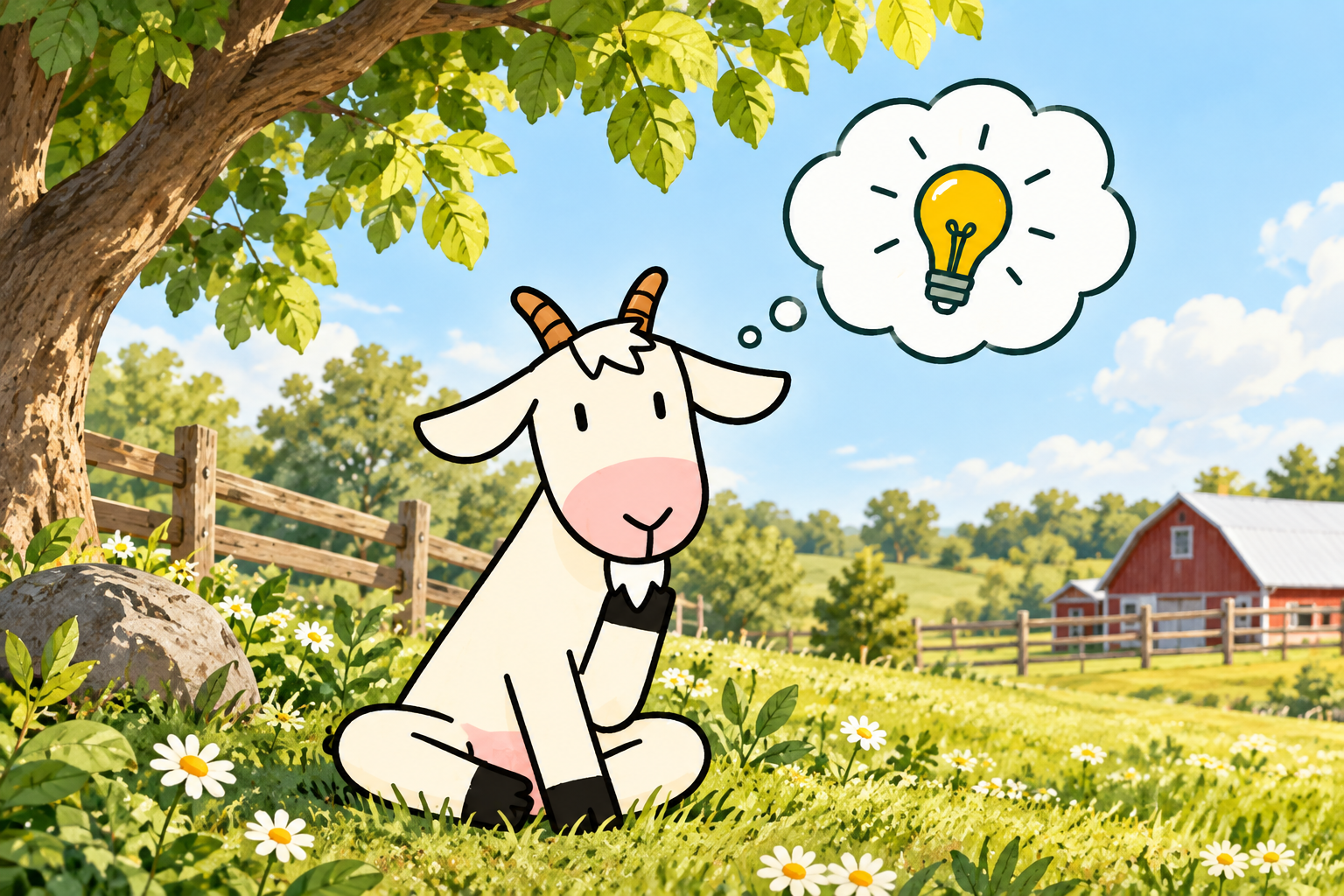 Illustration of the Friendly goat sitting in a meadow with a lightbulb idea